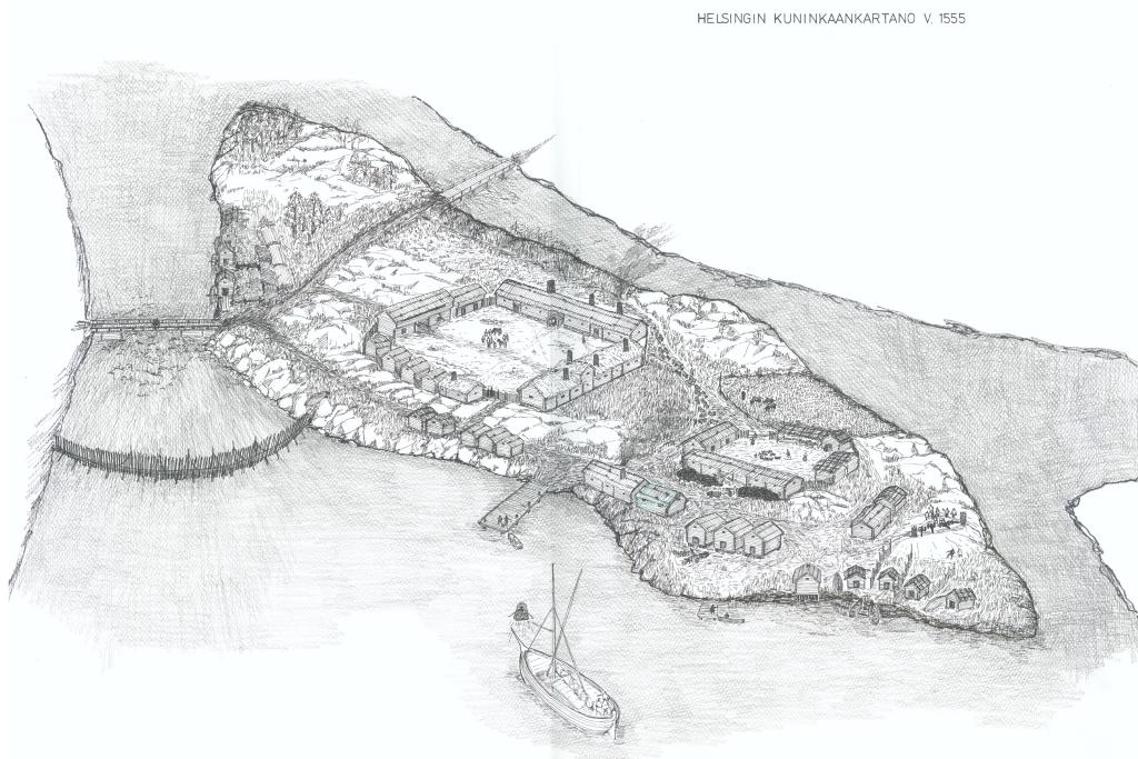 Ensimmäisenä Helsinkiin nousi kuninkaankartano, joka rakennettiin sotilaallisista syistä saareen. "Kartano" oli pikemminkin hyvin varusteltu maatila. Piirros on hahmotelma kuninkaankartanon mahdollisesta ulkonäöstä vuonna 1555. Rakennusten määrä perustuu Gunvor Kerkkosen tutkimuksiin, joiden pohjalta Jaana Mellanen ja Markku Heikkinen loivat rekonstruktion. Saaren eteläinen rantaviiva oli huomattavasti nykyistä pohjoisempana. Kuva: Helsingin kaupunginmuseo