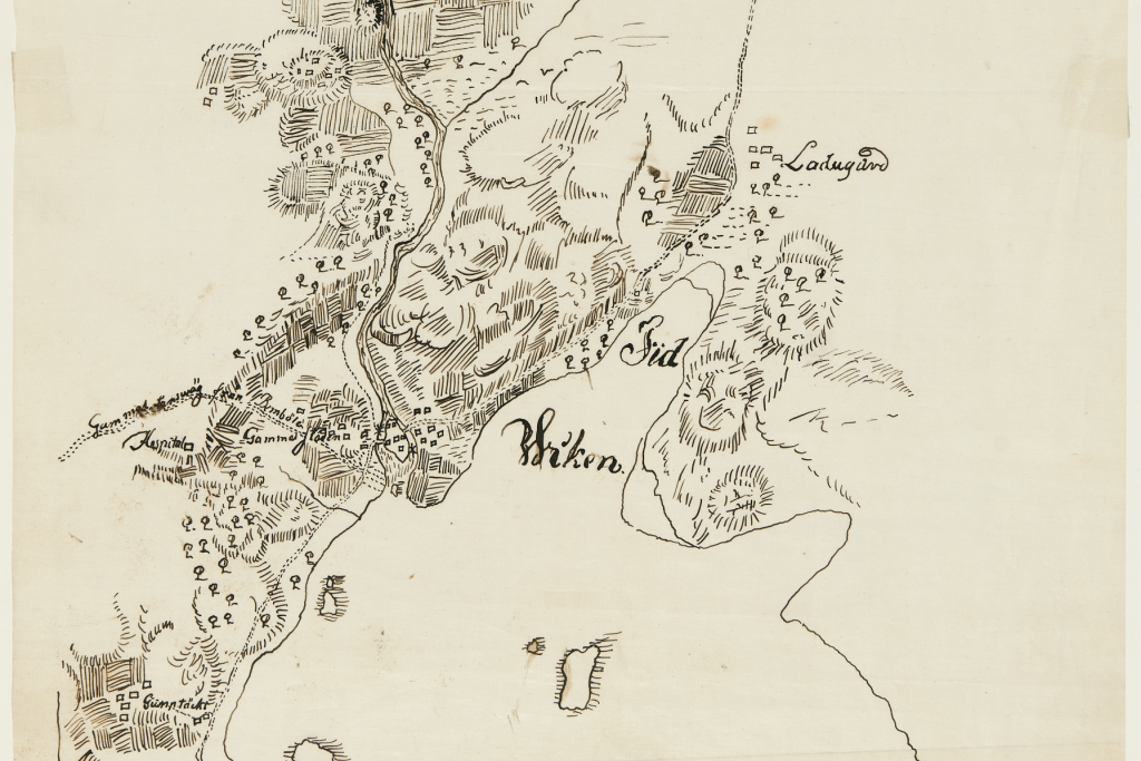 Karta ritad på 1600-talet över Gammelstaden och markerna kring Vanda åminne. Kopian gjord 1868 av Johan Reinhold Aspelin.  Foto: Museiverket