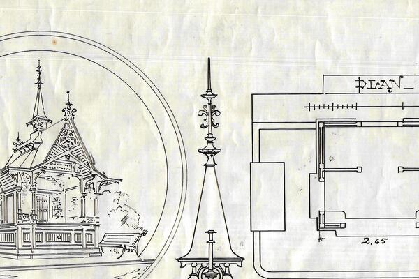 Yksityiskohta Esplanadin puiston vanhimman toiminnassa olevan kioskin alkuperäispiirustuksesta