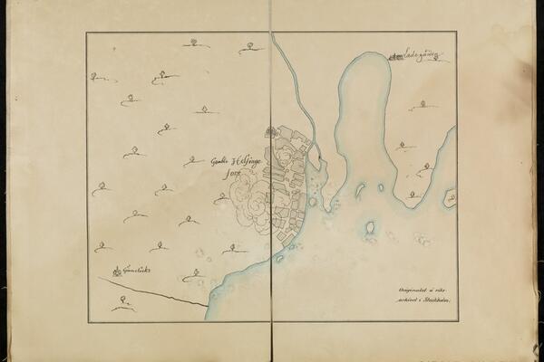 En handritad karta över Helsingfors och Viks ladugård år 1550