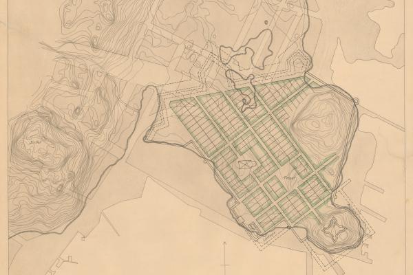 Karta från år 1639 som innehåller en detaljplan för ett eventuellt nytt Helsingfors på Sörnäs. 