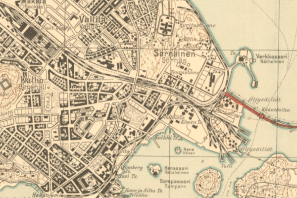 Sörnäisten kartta vuodelta 1932 näyttää, miten rakentaminen ja maantäyttö ovat kiihtyneet.