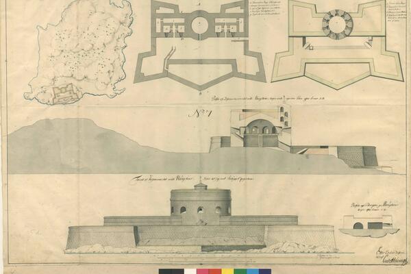 Suunnitelma, josta näkyy linnoituksen sijainti Susisaaressa sekä linnoitus kuvattuna ylhäältä ja sivulta