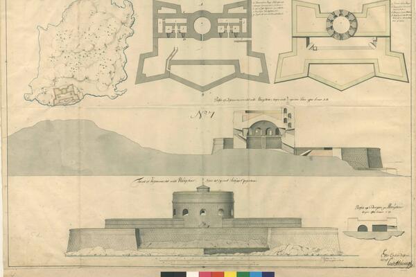En ritning som föreställer den tilltänkta fästningens placering på ön samt fästningen från sidorna och från ovan.