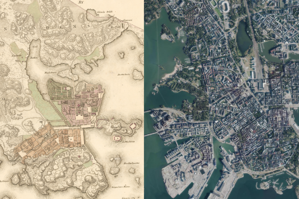 Kuvassa rinnakkain kaksi karttaa Helsingin keskustasta, vasemmalla vuodelta 1820 ja oikealla ilmakuva vuodelta 2019. Karttoja vertaamalla voi havaita maantäytön vaikutuksen keskustan ilmeeseen. Kuvien välillä keskusta on laajentunut merelle, sen halkaissut Kluuvinlahti on täytetty ja Töölössä sijainnut pieni järvi on täytetty.