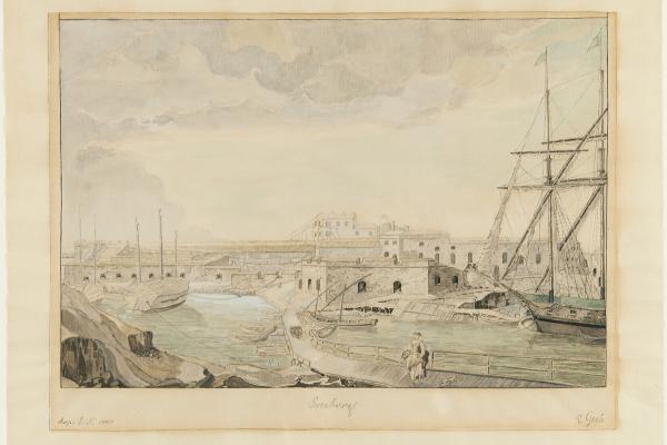 Målning som visar Sveaborgs bastionsmurar samt segelfartyg