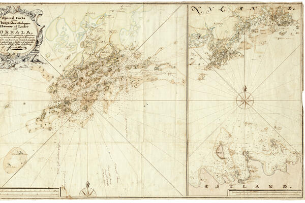 En gammal karta, som avbildar skärgården och kusten mellan Helsingfors och Porkala udd.