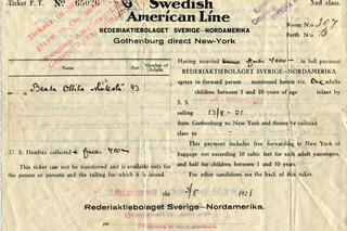 3. luokan matkalippu, Göteborg–New York, 13.8.1921, S/S Drottningholm, Swedish American Line. Matkustaja: Beata Ottilia Mäkelä. Lippu ostettu Helsingissä 9.8.1921.