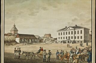 Torglandskap. I förgrunden stadsbor och hästar med vagn, i bakgrunden Ulrika Eleonora kyrka, högvakten och rådhuset.