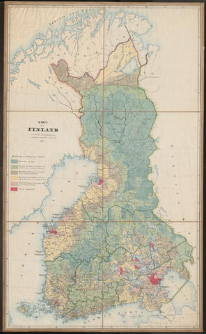 Karttaan on merkitty eri väreillä Suomen metsien tila vuonna 1850.