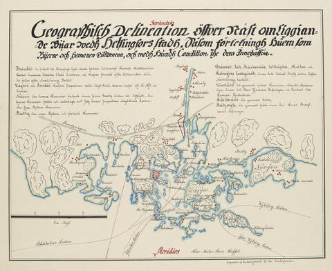 Bilden föreställer Helsingfors omgivning på 1650-talet. Bosättningen är i detta skede ringa och koncentrerar sig som enskilda klungor till kusten och längs åar. 
