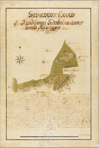 A plot map painted with the wash technique, featuring handwritten text in Swedish.