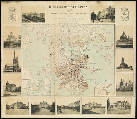 Helsingfors stadskärna och förstäderna Berghäll, Hermans och Majstad samt tretton bilder av byggnader och platser, Helsingfors och Nylands vapen. Kartan är hopvikbar. Bilderna visar Södra hamnen, hörnet av Norra Esplanaden och Unionsgatan, Uspenskij-katedralen, Sankt Henriks kyrka, Heliga Treenighetens kyrka, Gamla Studenthuset, Järnvägsstationen, Runebergsesplanaden, Svenska teatern, Alexanders teaterns (= Operan), Tyska kyrkan, Johannes kyrka och Nikolai kyrka (= Domkyrkan). 