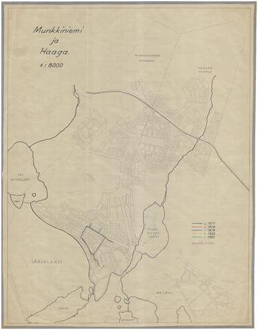 På kartan har man markerat med olika färger vattenledningsnätet i Munksnäs och Haga åren 1917, 1918, 1919, 1920 och 1922.