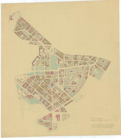 En ritning som visar byggnaders placering på tomter.