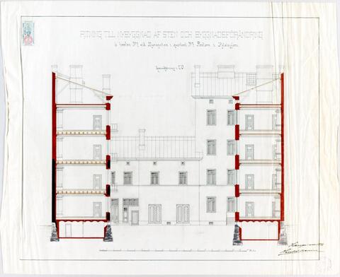 Genomskärningsbild över byggnader med fyra respektive två våningsplan. 