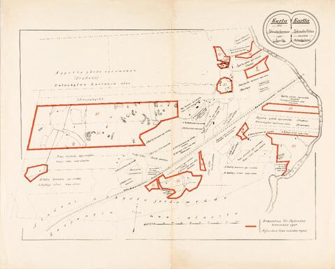 Karttaan rajattu punaisilla viivoilla Nybondas-tilan maiden alueet, n. 12 erillistä aluetta. Muutoin merkitty Petas-tilan sekä Kottbyn ja Oulunkylän kartanoiden maita sekä Mariero-huvilapalsta.