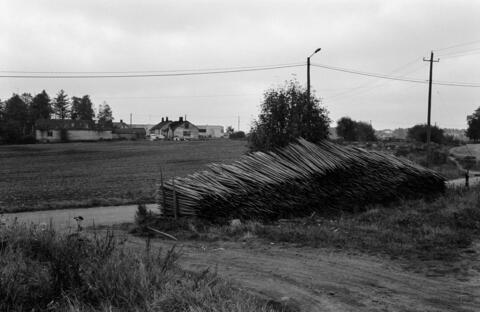 Keskellä on maahan pinottuja heinäseipäitä. Niiden vieressä kulkee maantie, ja taustalla on maatilan rakennuksia.