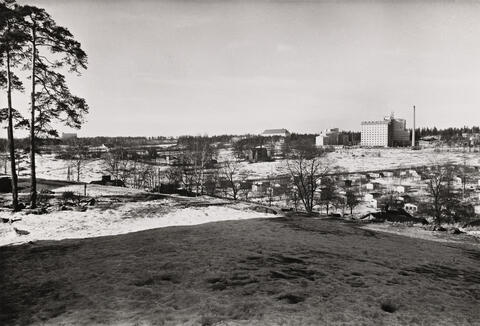 Etualalla on lumista maata, taustalla lehdettömiä puita, siirtolapuutarhamökkejä ja korkeita kivirakennuksia.