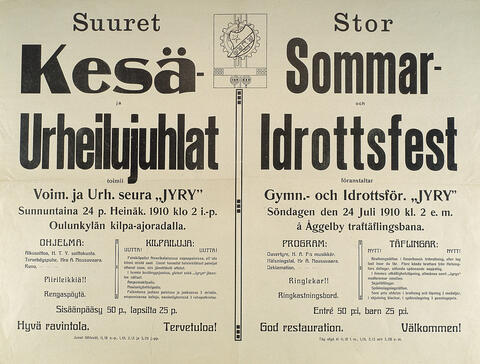 Kaksikielinen paperi, jossa mainostetaan urheiluseura Jyryn järjestämää tapahtumaa 24.7.1910 klo 14. 