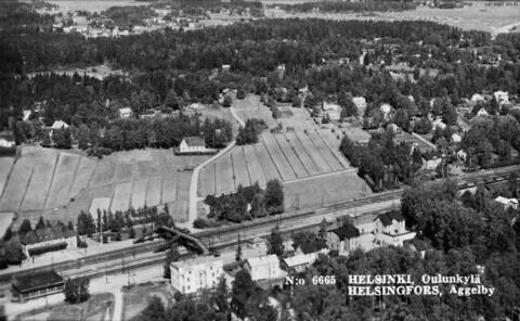 Ilmakuvassa on etualalla metsää, pari kerrostaloa ja junarata, keskellä on metsää, peltoa ja pikkuteitä, taustalla on puuhuviloita ja metsää.