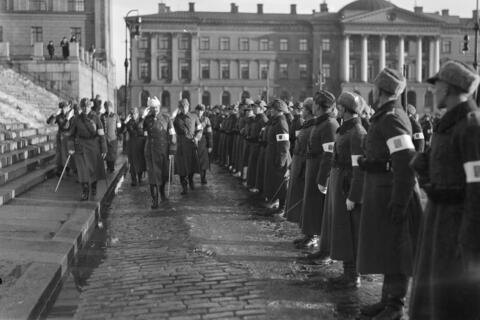 Mannerheim kävelee seurueensa ympäröimänä tuomiokirkon portaiden editse käsi tervehdykseen nostettuna. Senaatintorin laidalla on rivissä aseistautuneita sotilaita, joilla on vasemmassa käsivarressaan valkoinen nauha. Tuomiokirkon ylätasanteella näkyy pari tapahtumaa seuraavaa siviiliä. Taustalla näkyy valtioneuvoston linna.