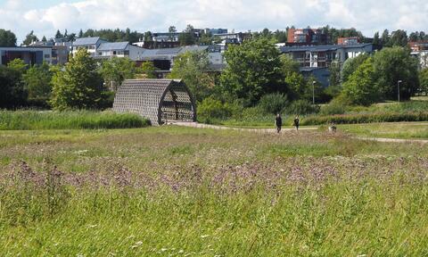 Etualalla on niittyä, kuvan keskellä on jalankulkijoita ja vasemmalla on kevyen liikenteen silta, jonka yläpuolella kohoaa holvirakenne. Taustalla on puita ja asuinkerrostaloja.