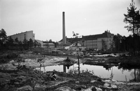 Meilahden sairaala-alue. Keskellä kiinteistöhuoltorakennus, oikealla palvelukeskus, vasemmalla korva- ja silmäklinikka. Etualalla kalliota, lammikko ja risukkoa.
