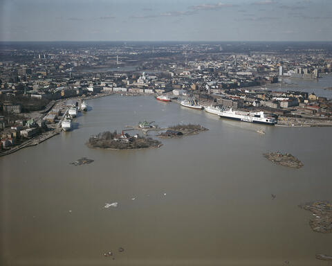 An aerial photograph showing two central harbours