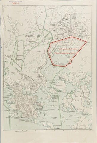 Karttaan on merkitty punaisella ääriviivalla Viikin Latokartanon maat vuonna 1912.