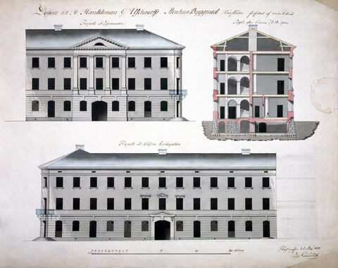 Unionsgatan 28 och Norra Esplanaden 19. Köpman J. Uschakoffs hus. Fasaderna mot  Norra Esplanaden och och Unionsgatan samt en genomskärning. Text: Dessein till Handelsman Uschakoffs StenHus Byggnad i Helsingfors författad af underteknad. Facade åt Esplanaden.  Facade åt Wästra Kyrkogatan. Profil efter Linien AB:plan.  I nedre högra kanten namnteckning och datummärkning Helsingfors d. 1. Maj 1815.