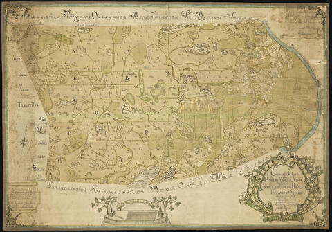 Kartta Oulunkylän maaomistuksista Uudellamaalla. Karttaan merkitty Vantaanjoki, pellot, niityt, metsät ja talot.