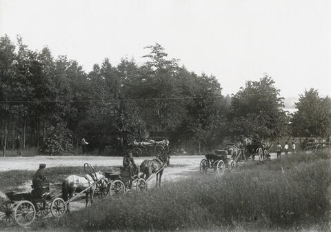Hevosajurit ajelevat tietä pitkin. Etualalla on niittyä, taustalla puita.