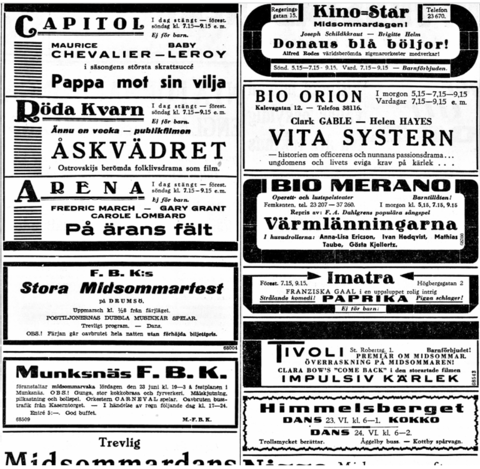 Biograf- och evenemangannonser i Hufvudstadsbladet 23.6.1934