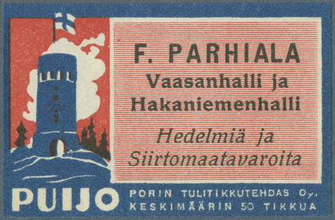 Tultikkurasiassa Puijon torni ja teksti F. Parhiala Vaasanhalli ja Hakaniemenhalli Hedelmiä ja siirtomaatavaroita