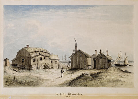 Målningen föreställer en gård med träkåkar.