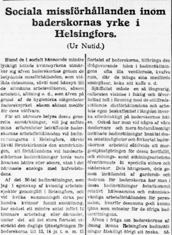 Tidningsklipp om missförhållanden i baderskornas yrke