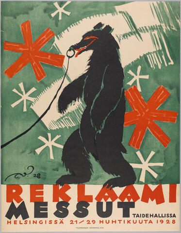 Messujuliste, jossa vihreää taustaa vasten kuvattuna kahdella jalalla kävelevä karhu, jonka nenässä on rengas, johon on kiinnitetty talutushihna. Karhua ollaan taluttamassa vasemmalla. Vihreässä taustassa on valkoisia ja punaisia tyyliteltyjä tähtiä.