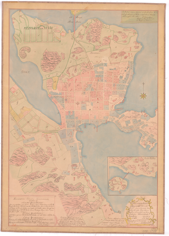 Kartta vuodelta 1763. jossa kuvattu Vironniemen Helsingin asemakaavaa ja pinnanmuotoja.