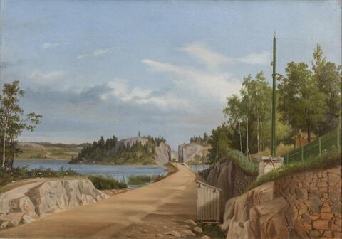 Magnus von Wrights halvfärdiga målning av järnvägsbygget från år 1862. Målningen avbildar den blivande järnvägens underlag från Kajsaniemi mot Djurgården. Genom Tölöviken har man byggt en jordvall och i framkanten syns en bergsklippning genom vilken banan dras. 