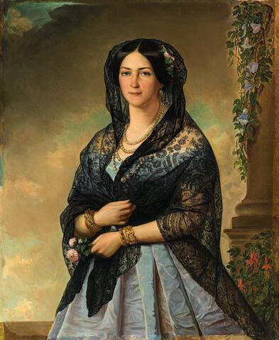 En porträttmålning av Aurora Karamzin. Hon bär en ljusblå sidenklänning och en en slöja av svart spets runt huvudet.