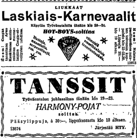 Kuvakaappaus lehden sivusta, jolla mainostetaan tansseja. 