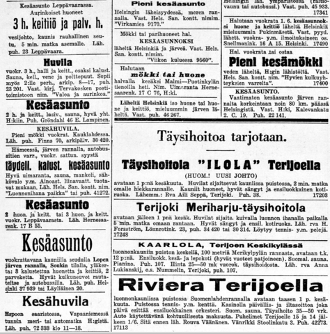 Huviloiden ja kesäasuntojen vuokrausilmoituksia Helsingin Sanomissa
