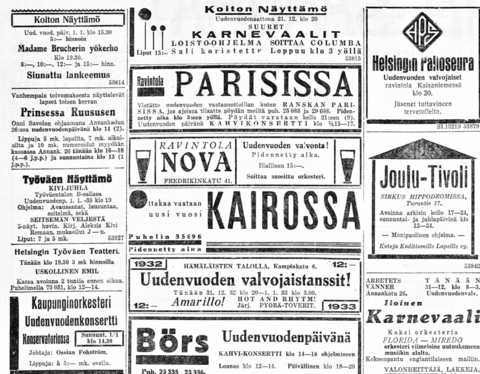 Lehti-ilmoituksia uudenvuoden tanssiaisista, lounaista ja illallisista ravintoloissa.