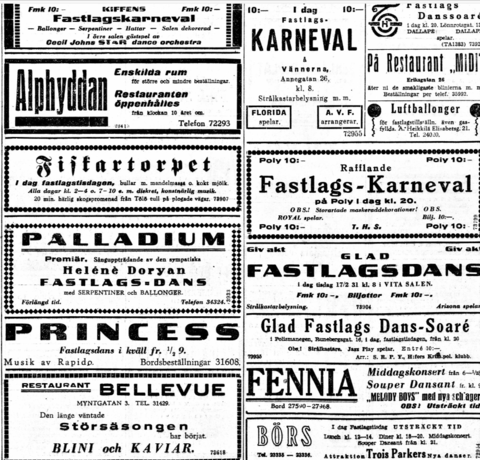 Tidningsannonser om fastlagsnöjen såsom dans på Fiskartorpet. 