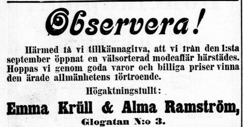 Ruotsinkielinen lehti-ilmoitus, jossa kaksi naista kertoo avanneensa muotiliikkeen.