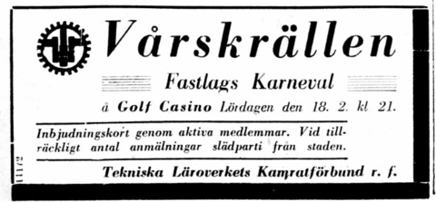 Tidningsannons om Polyteknikerföreningens fastlagskarneval och slädparti.
