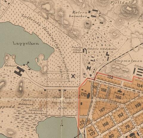 Leppäsuon koleraparakit ja Marian sairaala Helsingin kartassa vuodelta 1896.