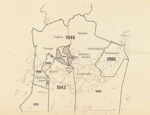 Kartta Helsingin kaupungin rajamuutoksista vuosien 1550 ja 1966 välillä.