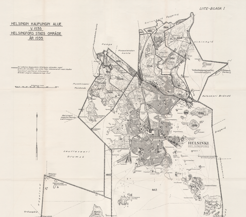 Helsingin kaupungin kartta vuodelta 1935. Tarkassa kartassa esitetty asemakaava, joitain yksittäisiä rakennuksia sekä vuodet, jolloin eri Helsingin alueet liitettiin kaupunkiin.